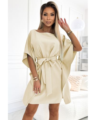  287-28 SOFIA Kobieca sukienka motyl z wiązaniem w pasie - BEŻOWA 