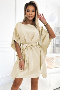  287-28 SOFIA Kobieca sukienka motyl z wiązaniem w pasie - BEŻOWA 