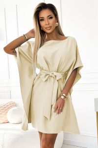  287-28 SOFIA Kobieca sukienka motyl z wiązaniem w pasie - BEŻOWA 