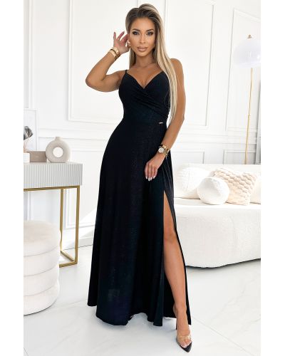  299-18 CHIARA elegancka maxi długa suknia na ramiączkach - CZARNA Z BROKATEM 
