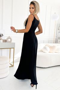  299-18 CHIARA elegancka maxi długa suknia na ramiączkach - CZARNA Z BROKATEM 