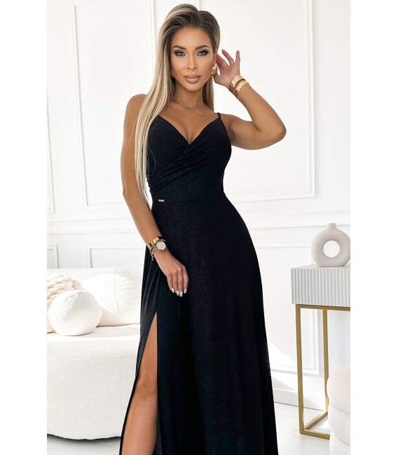  299-18 CHIARA elegancka maxi długa suknia na ramiączkach - CZARNA Z BROKATEM 
