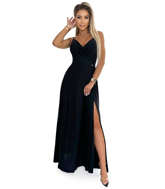  299-18 CHIARA elegancka maxi długa suknia na ramiączkach - CZARNA Z BROKATEM 