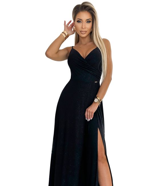 299-18 CHIARA elegancka maxi długa suknia na ramiączkach - CZARNA Z BROKATEM 
