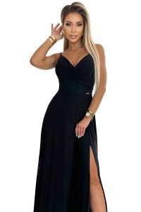 299-18 CHIARA elegancka maxi długa suknia na ramiączkach - CZARNA Z BROKATEM 