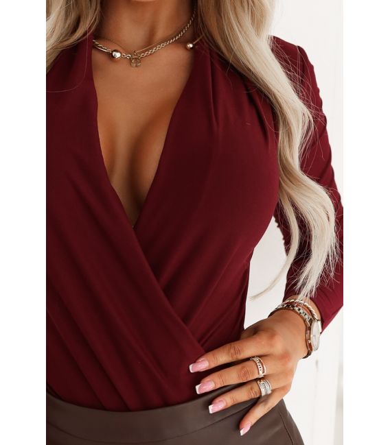  375-9 Stylowe kobiece BODY z kopertowym dekoltem - bordowe 