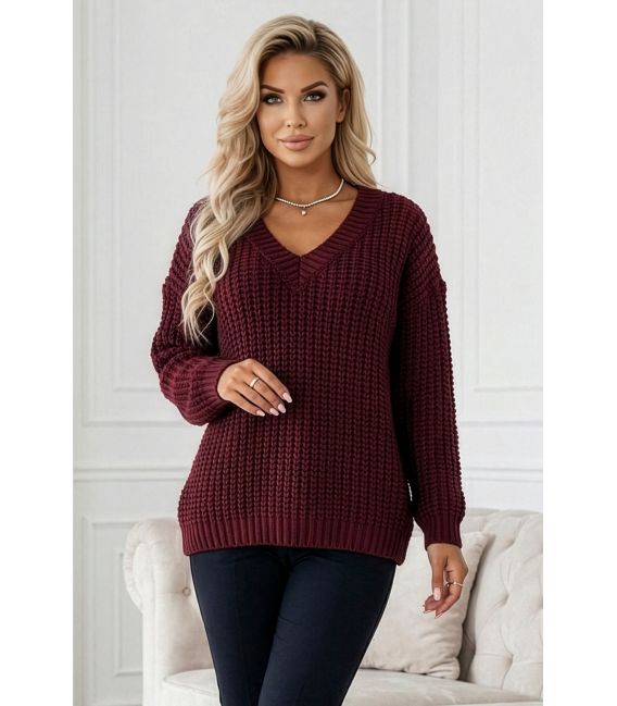  661-1 Ciepły sweter oversize o mięsistym splocie i dekolcie V - bordowy 