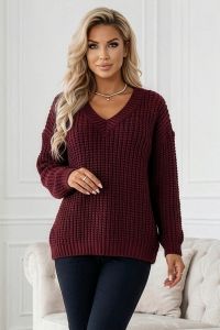  661-1 Ciepły sweter oversize o mięsistym splocie i dekolcie V - bordowy 
