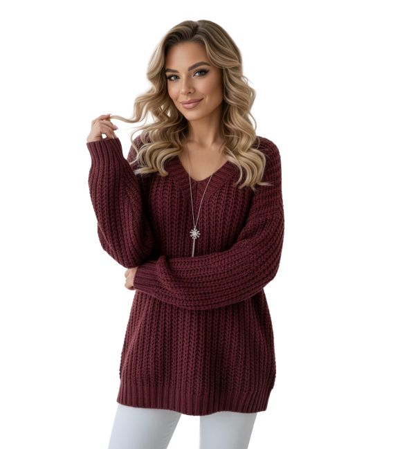  661-1 Ciepły sweter oversize o mięsistym splocie i dekolcie V - bordowy 