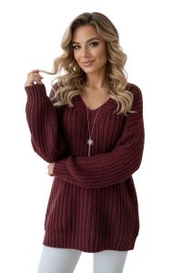  661-1 Ciepły sweter oversize o mięsistym splocie i dekolcie V - bordowy 