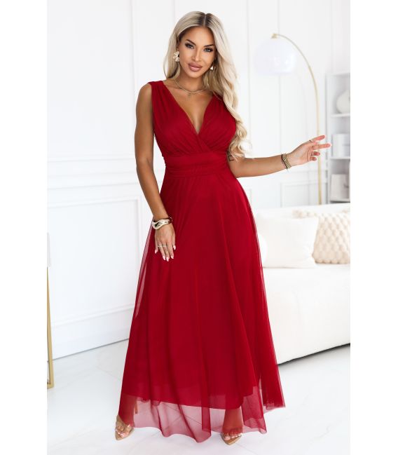  687-2 Elegancka sukienka maxi z kopertowym dekoltem i odkrytymi plecami - jasne bordo 