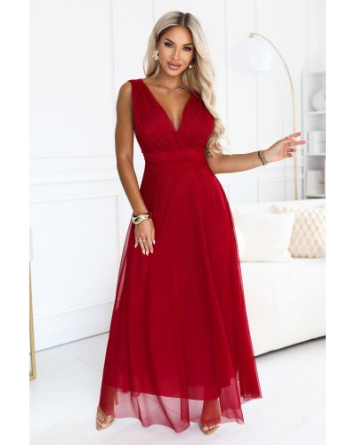  687-2 Elegancka sukienka maxi z kopertowym dekoltem i odkrytymi plecami - jasne bordo 