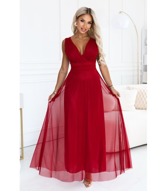  687-2 Elegancka sukienka maxi z kopertowym dekoltem i odkrytymi plecami - jasne bordo 