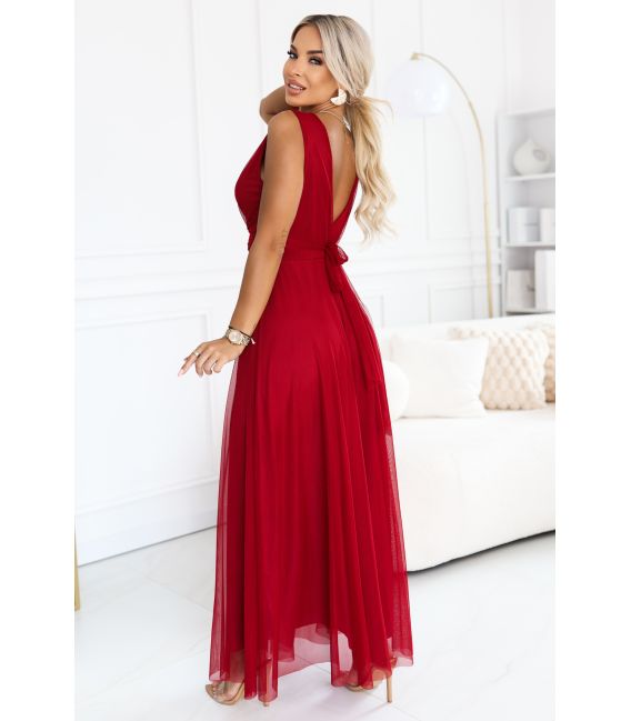  687-2 Elegancka sukienka maxi z kopertowym dekoltem i odkrytymi plecami - jasne bordo 