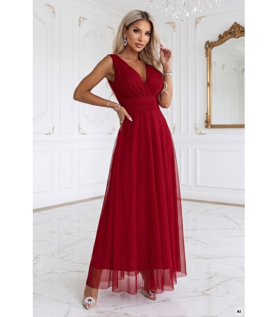  687-2 Elegancka sukienka maxi z kopertowym dekoltem i odkrytymi plecami - jasne bordo 