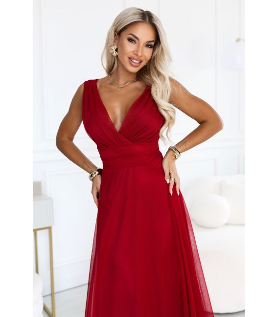  687-2 Elegancka sukienka maxi z kopertowym dekoltem i odkrytymi plecami - jasne bordo 
