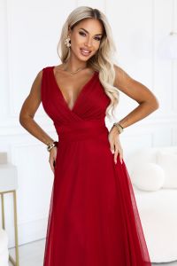  687-2 Elegancka sukienka maxi z kopertowym dekoltem i odkrytymi plecami - jasne bordo 