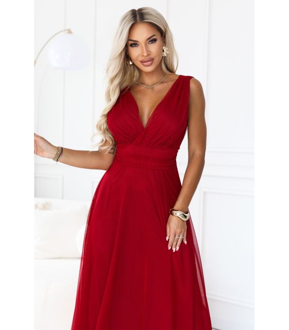  687-2 Elegancka sukienka maxi z kopertowym dekoltem i odkrytymi plecami - jasne bordo 