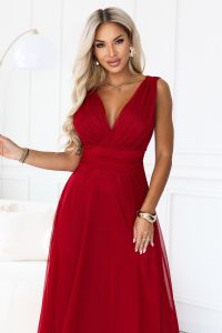  687-2 Elegancka sukienka maxi z kopertowym dekoltem i odkrytymi plecami - jasne bordo 