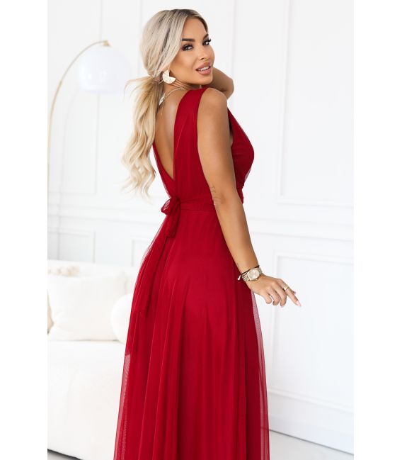  687-2 Elegancka sukienka maxi z kopertowym dekoltem i odkrytymi plecami - jasne bordo 