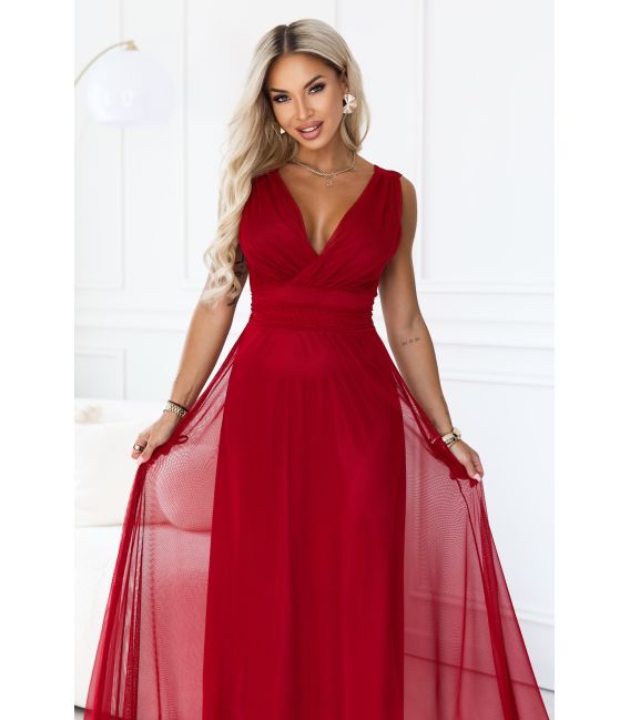  687-2 Elegancka sukienka maxi z kopertowym dekoltem i odkrytymi plecami - jasne bordo 