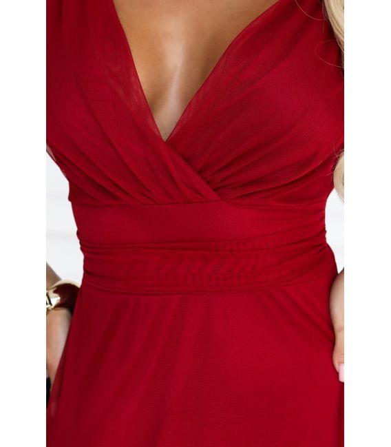  687-2 Elegancka sukienka maxi z kopertowym dekoltem i odkrytymi plecami - jasne bordo 