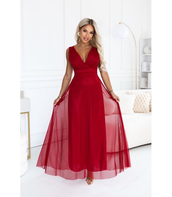  687-2 Elegancka sukienka maxi z kopertowym dekoltem i odkrytymi plecami - jasne bordo 