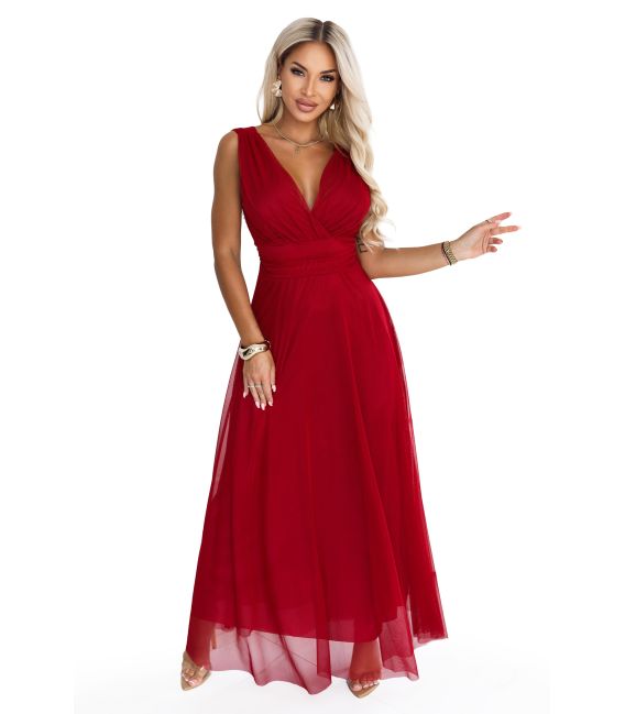  687-2 Elegancka sukienka maxi z kopertowym dekoltem i odkrytymi plecami - jasne bordo 