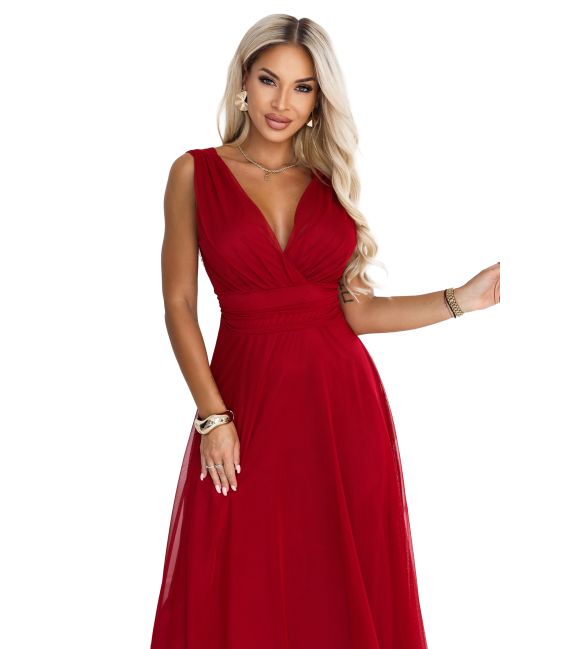  687-2 Elegancka sukienka maxi z kopertowym dekoltem i odkrytymi plecami - jasne bordo 