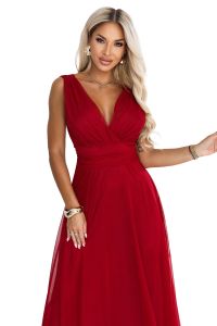  687-2 Elegancka sukienka maxi z kopertowym dekoltem i odkrytymi plecami - jasne bordo 