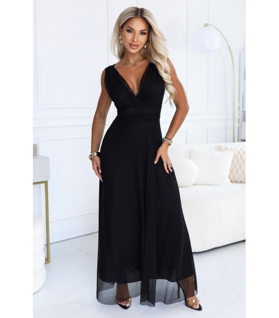  687-1 Elegancka sukienka maxi z kopertowym dekoltem i odkrytymi plecami - czarna 