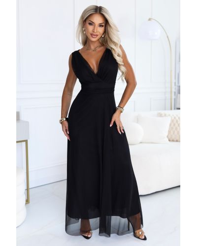  687-1 Elegancka sukienka maxi z kopertowym dekoltem i odkrytymi plecami - czarna 