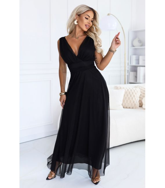  687-1 Elegancka sukienka maxi z kopertowym dekoltem i odkrytymi plecami - czarna 