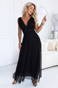 687-1 Elegancka sukienka maxi z kopertowym dekoltem i odkrytymi plecami - czarna 