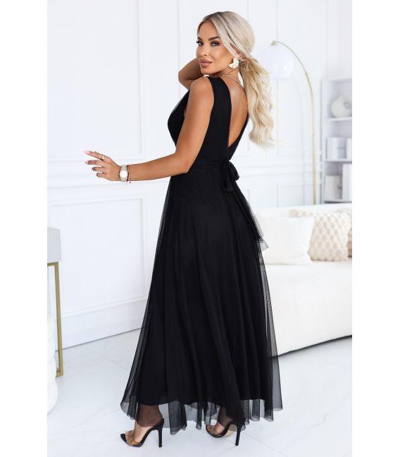  687-1 Elegancka sukienka maxi z kopertowym dekoltem i odkrytymi plecami - czarna 