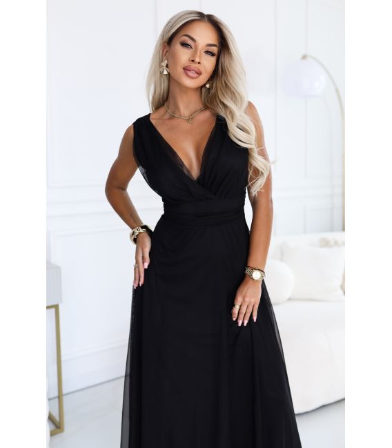  687-1 Elegancka sukienka maxi z kopertowym dekoltem i odkrytymi plecami - czarna 