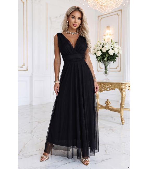  687-1 Elegancka sukienka maxi z kopertowym dekoltem i odkrytymi plecami - czarna 