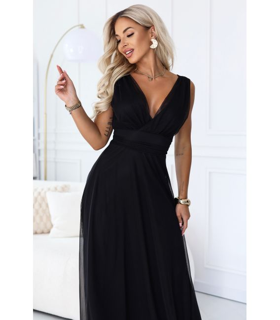  687-1 Elegancka sukienka maxi z kopertowym dekoltem i odkrytymi plecami - czarna 