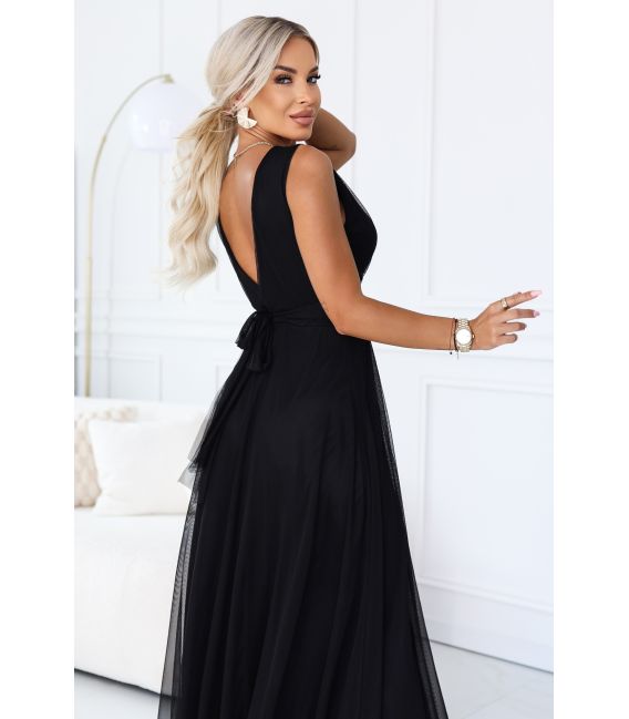  687-1 Elegancka sukienka maxi z kopertowym dekoltem i odkrytymi plecami - czarna 