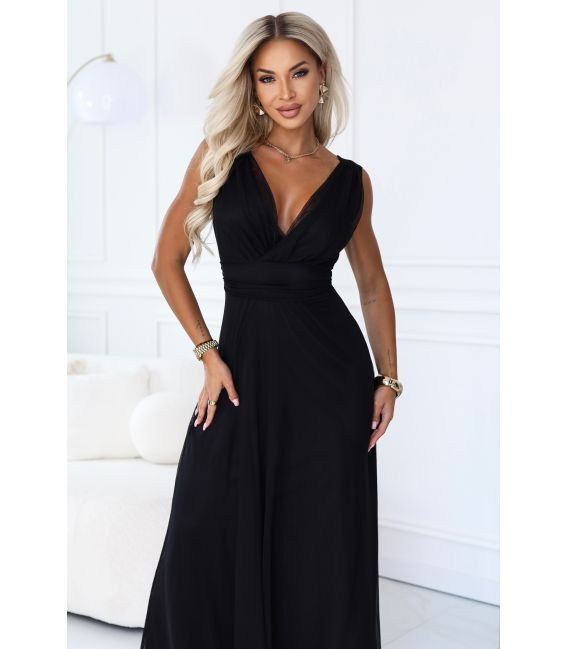  687-1 Elegancka sukienka maxi z kopertowym dekoltem i odkrytymi plecami - czarna 
