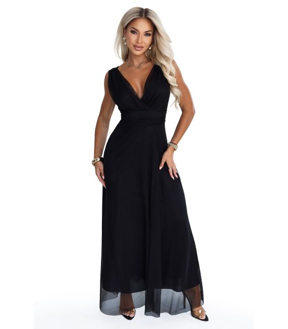  687-1 Elegancka sukienka maxi z kopertowym dekoltem i odkrytymi plecami - czarna 