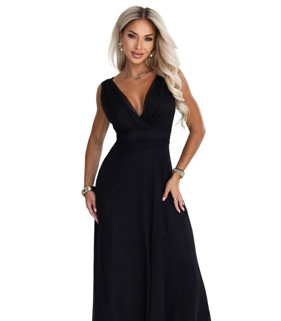  687-1 Elegancka sukienka maxi z kopertowym dekoltem i odkrytymi plecami - czarna 
